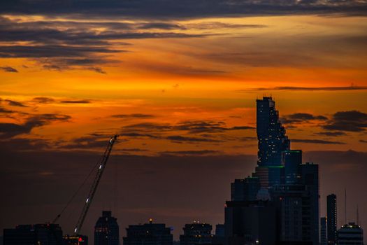 Bangkok, thailand - jul 06, 2019 : Sky view of Bangkok evening view with skyscraper in the business district in Bangkok, City View Urban Downtown Business District Concept.