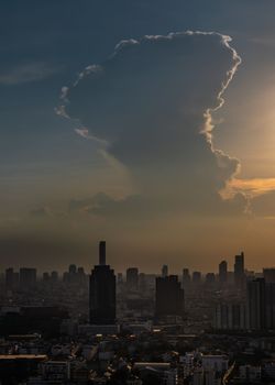 Bangkok, Thailand - May 09, 2021 : Aerial view of Beautiful scenery view of Skyscraper Evening time before Sunset creates relaxing feeling for the rest of the day. Selective focus.