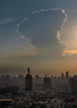 Bangkok, Thailand - May 09, 2021 : Aerial view of Beautiful scenery view of Skyscraper Evening time before Sunset creates relaxing feeling for the rest of the day. Selective focus.
