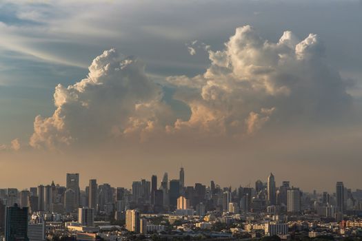 Bangkok, Thailand - May 09, 2021 : Aerial view of Beautiful scenery view of Skyscraper Evening time before Sunset creates relaxing feeling for the rest of the day. Selective focus.