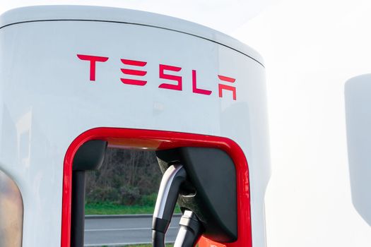 Belgrade, Serbia - January 02, 2023: Tesla Supercharger Station. The Supercharger offers fast