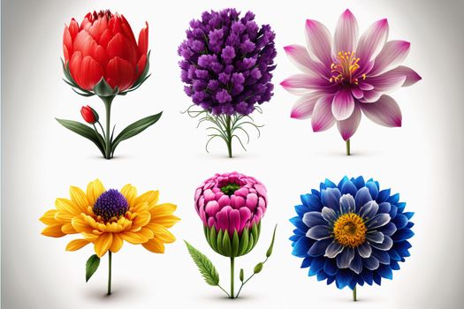 Flowers and leaves colorful set of isolated elements illustration. Peony, magnolia, poppy floral elements with vintage exotic leafs leaves.White color background. Suitable for texture. download image
