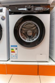 Sosnovy Bor, RUSSIA - JANUARY 12, 2023: household appliances in DNS store, washing machines. High quality photo