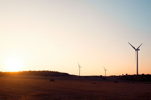 Silhouette of three windmills that produce green energy in a wind farm at sunset. They are in a rural environment surrounded by crops and trees, the sky is clean and clear. Copy space