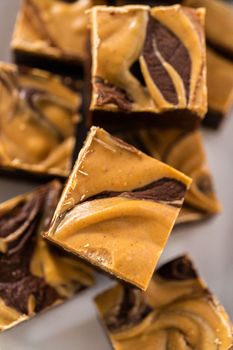 Homemade chocolate fudge with peanut butter swirl pieces on a white serving plate.