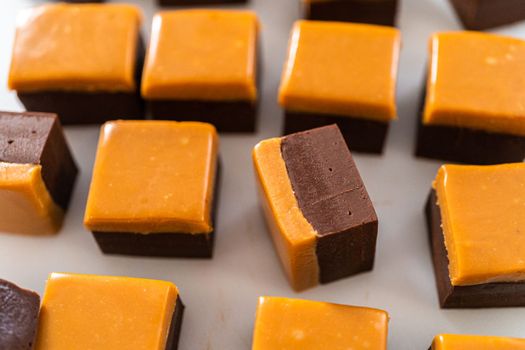 Homemade caramel fudge pieces on a white cutting board.