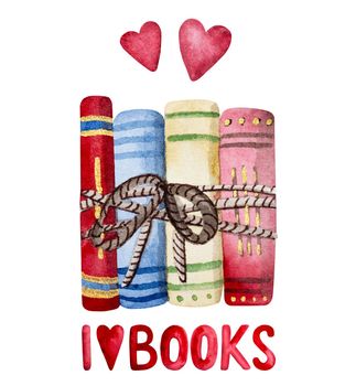 Watercolor books hand drawn painting with text I love books and hearts. Literature collection for reading