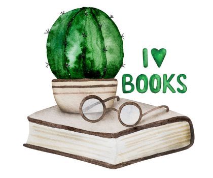 Watercolor book, cactus and glasses hand drawn painting with text I love books. Literature for reading with cute plant and googles aquarelle illustration