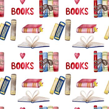Watercolor books. Hand drawn seamless pattern. Literature for reading with googles aquarelle illustration set for postcard design