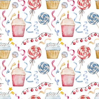 Happy Birthday cupcake for baby boy and girl with lolipop and candle watercolor seamless pattern. Muffin cake for family celebration aquarelle paintings set