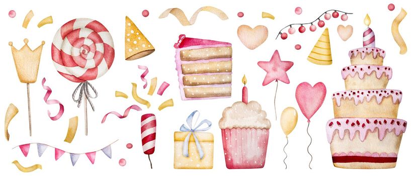 Happy Birthday cupcake and cake with lollipop for baby girl watercolor illustration collection for postcard design. Pink muffin and desert for family celebration aquarelle paintings set