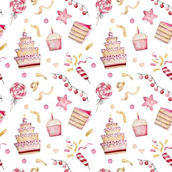 Happy Birthday cupcake and cake for baby girl with lolipop and candle watercolor seamless pattern. Pink muffin desert for family celebration aquarelle paintings set
