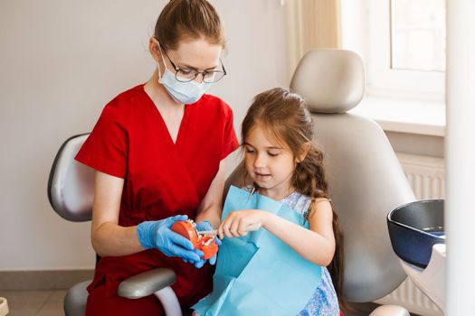 Dentist shows child how to properly use toothbrush for brush teeth. Jaw anatomical model teeth brushing. Pediatric dentist teaching oral hygiene lesson for kids in dentistry