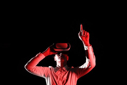 Woman Wearing Vr Glasses And Pointing On Messages With One Finger.