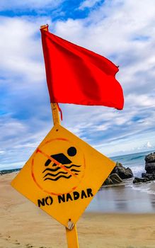 Red flag swimming prohibited high waves in Zicatela Puerto Escondido Mexico.