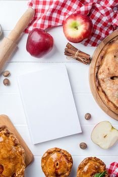 Blank Recipe Empty Cook Book Mockup with fruit and pies, mockup cooking book