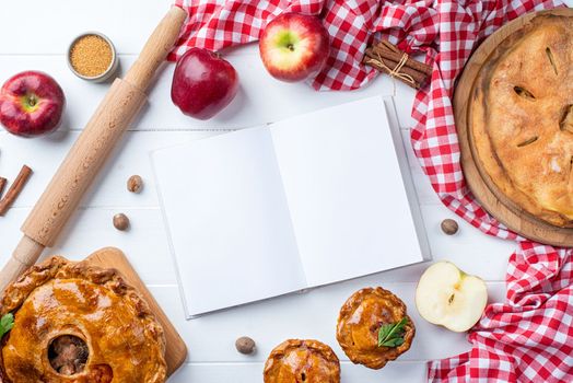 Blank Recipe Empty Cook Book Mockup with fruit and pies, mockup cooking book