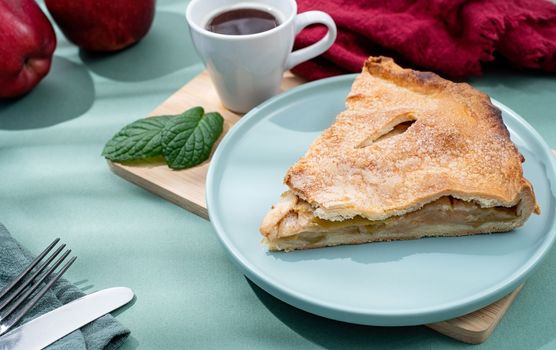 Autumn food. Homemade piece of apple pie with fresh red apples on green table