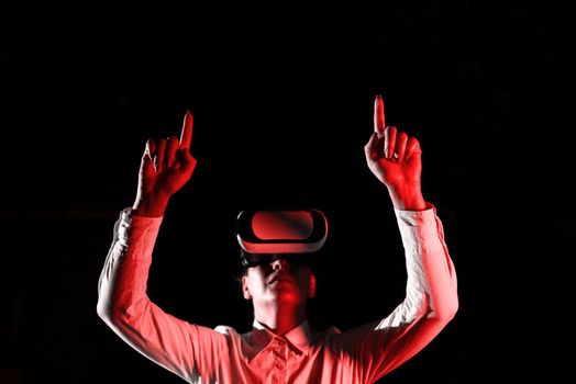 Woman Wearing Vr Glasses And Pointing On Messages With Two Fingers.