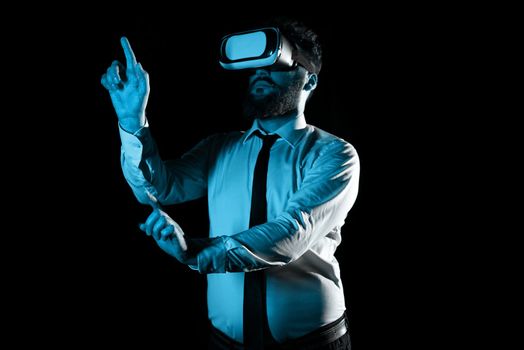 Man Wearing Vr Glasses And Pointing On Messages With one Finger and Pen.