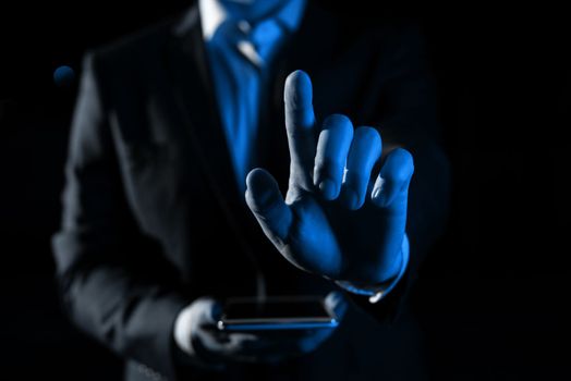 Man Holding Mobile Phone and Point On Recent Updates With One Finger.