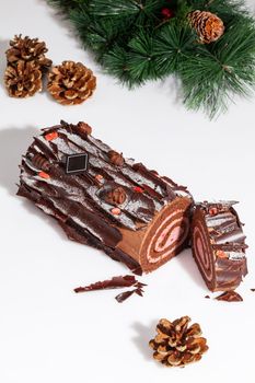 Sliced log-shaped sweet chocolate roll with berry custard on white background with green pine branch and fir cones frosted with gold. Christmas and New Year dessert. Festive treats concept