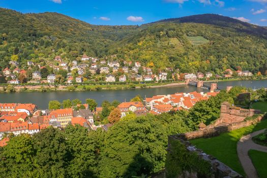 Medieval Heidelberg old town panorama from above, Germany