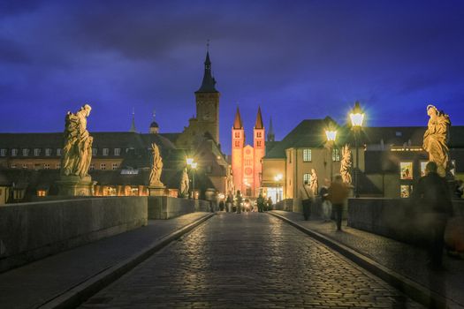 Wurzburg alte bridge at illuminated night, Franconia, Northern Bavaria, Germany