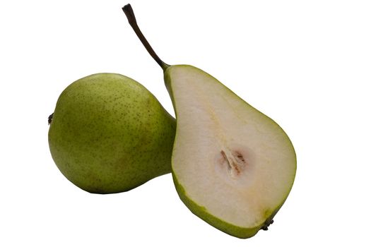 Fresh pears ,whole green fruit isolated on white background. Full depth of field.