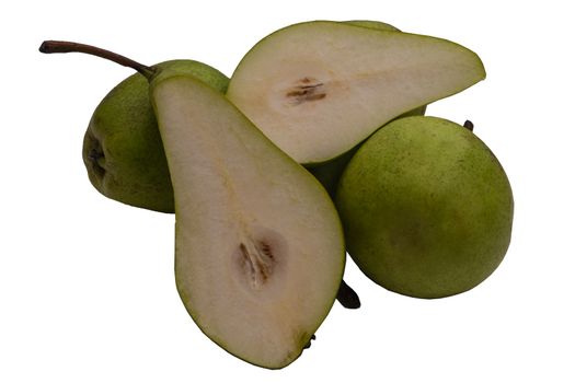 Fresh pears ,whole green fruit isolated on white background. Full depth of field.