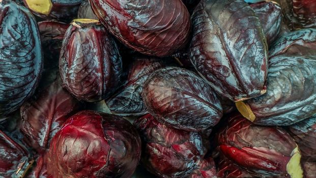 Close-up shots of red cabbage sold in the market Suitable for making background images.