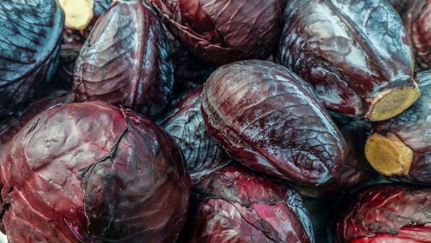 Close-up shots of red cabbage sold in the market Suitable for making background images.