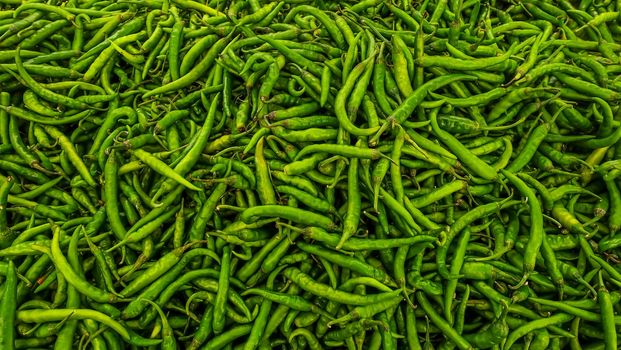Pile of Green chilli peppers in Indian market.