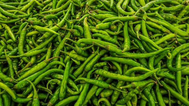 Pile of Green chilli peppers in Indian market.