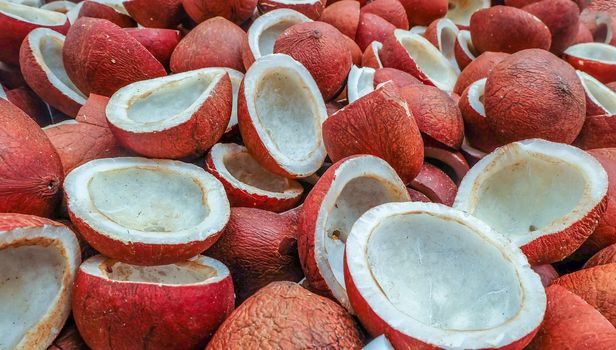 Pile of coconuts meat Half cut Suitable for making background images.