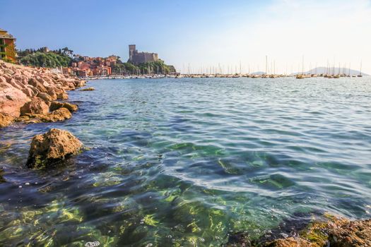 Marina of Lerici with the colorful houses and castle in background,Liguria, Italy