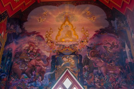 LONDON UK - May 10, 2019 - Within the temple of the Buddhapadipa Temple, Thai art mural (wall paintiing) around inside of main church of Wat, the story of Buddhism.  Wimbledon, England.