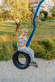 Funny cute happy baby playing on the playground. The emotion of happiness, fun, joy. Smile of a child. boy playing on the playground.