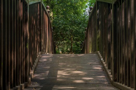 Wooden bridge over the creek in a peaceful garden.