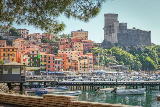 Marina of Lerici with the colorful houses and castle in background,Liguria, Italy