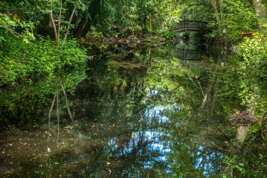 arched wooden bridge over ornamental garden pond, beautiful