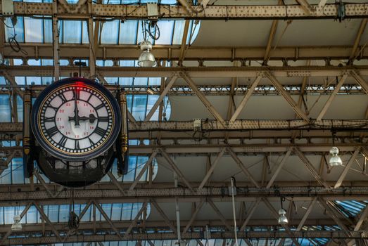 London, UK - Feb 25, 2019 : The Clock hanging up of the Waterloo international train station in London