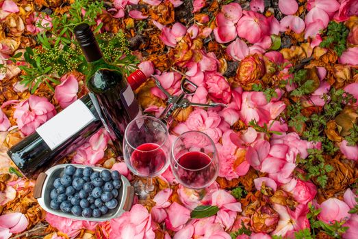 bottles, wine glasses with blueberry in rose garden.