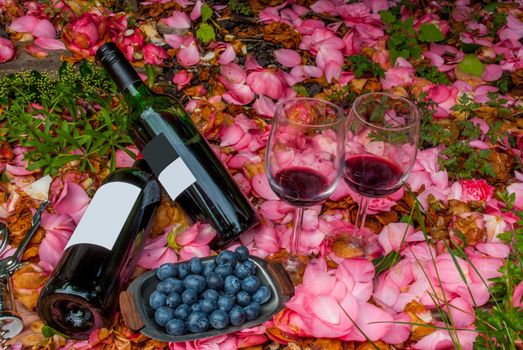 bottles, wine glasses with blueberry in rose garden.