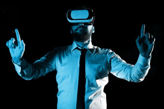 Man Wearing Vr Glasses And Pointing On Messages With two Fingers.
