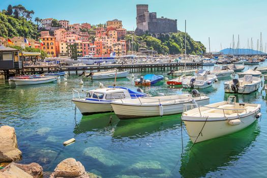 Marina of Lerici with the colorful houses and castle in background,Liguria, Italy