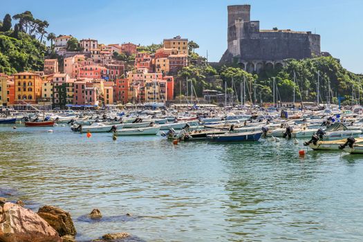 Marina of Lerici with the colorful houses and castle in background,Liguria, Italy