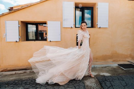 a beautiful bride with pleasant features in a wedding dress is photographed in Provence. Portrait of the bride in France.