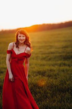 a beautiful girl in spring in a red dress is walking in a field at sunset. Taken from the air by a quadrocopter.