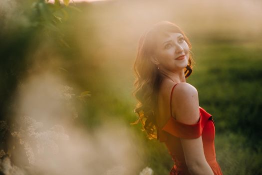 a beautiful girl in spring in a red dress is walking in a field at sunset. Taken from the air by a quadrocopter.